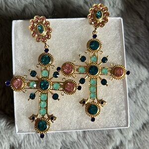 Fashion Jewelry Gold and Teal Cross Earrings